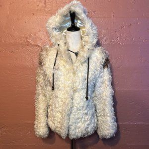 Beige & Dark Brown Curly Lambswool Hooded Cropped Fur Jacket